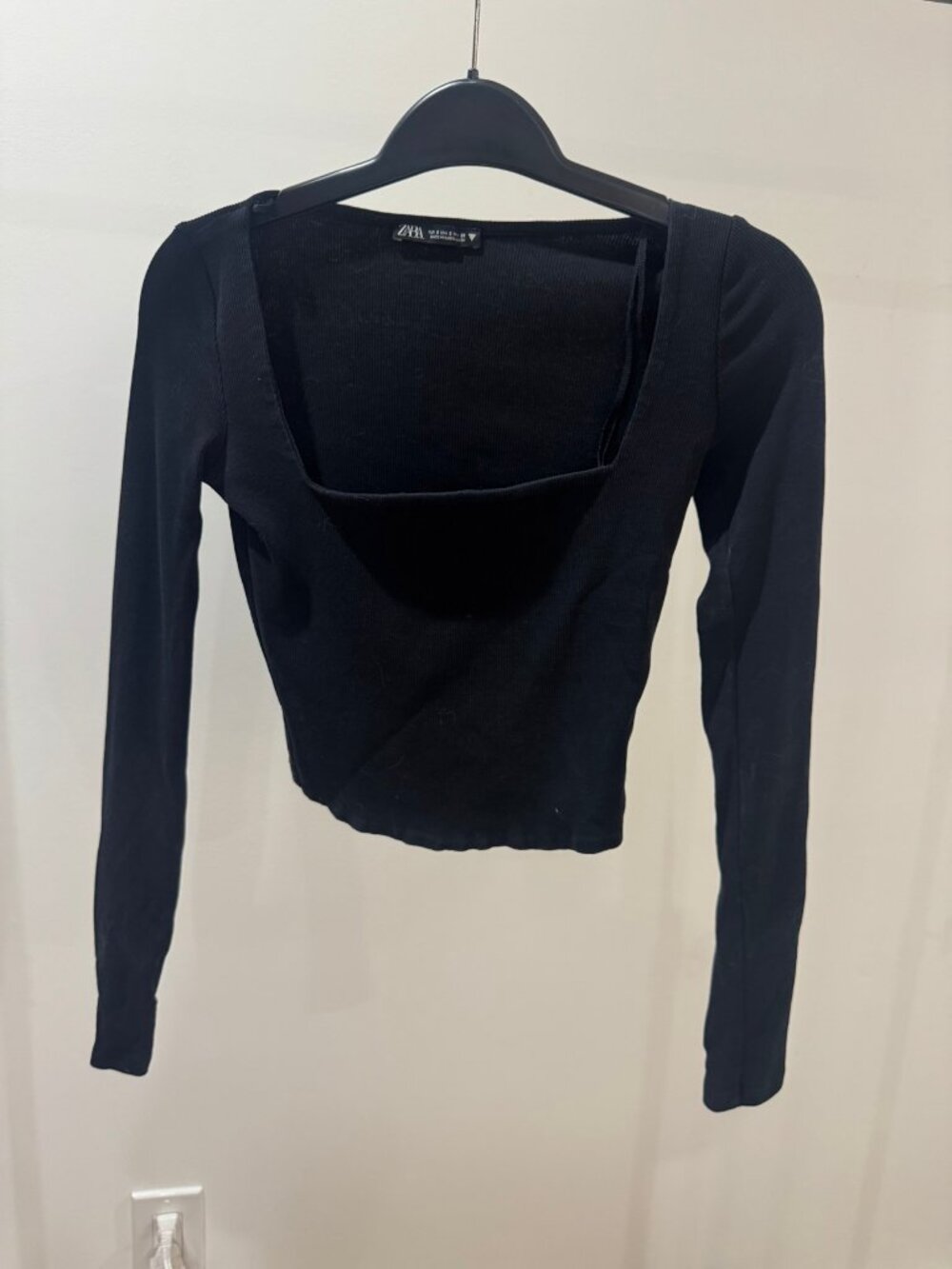 Zara Black Ribbed Long Sleeve Top Square Neck Womens Small